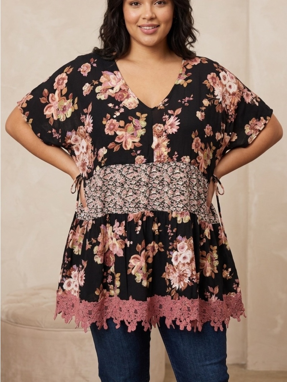 ODDY Black Floral V-Neck Peplum Top with Rose Lace Trim